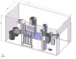 3D schematic of an industrial water treatment system with tanks and pipes.